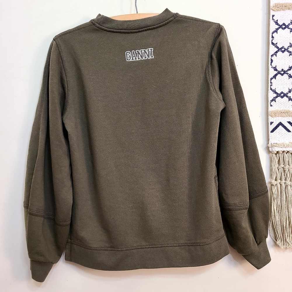 Ganni Software Isoli Puff Sleeve Sweatshirt In Kalmata Green Size Small - Picture 4 of 8
